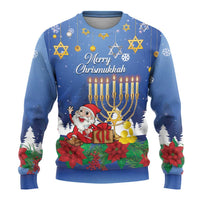 Personalised Merry Chrismukkah Ugly Christmas Sweater Hanukkah Memorah Mix Poinsettia - Wonder Print Shop