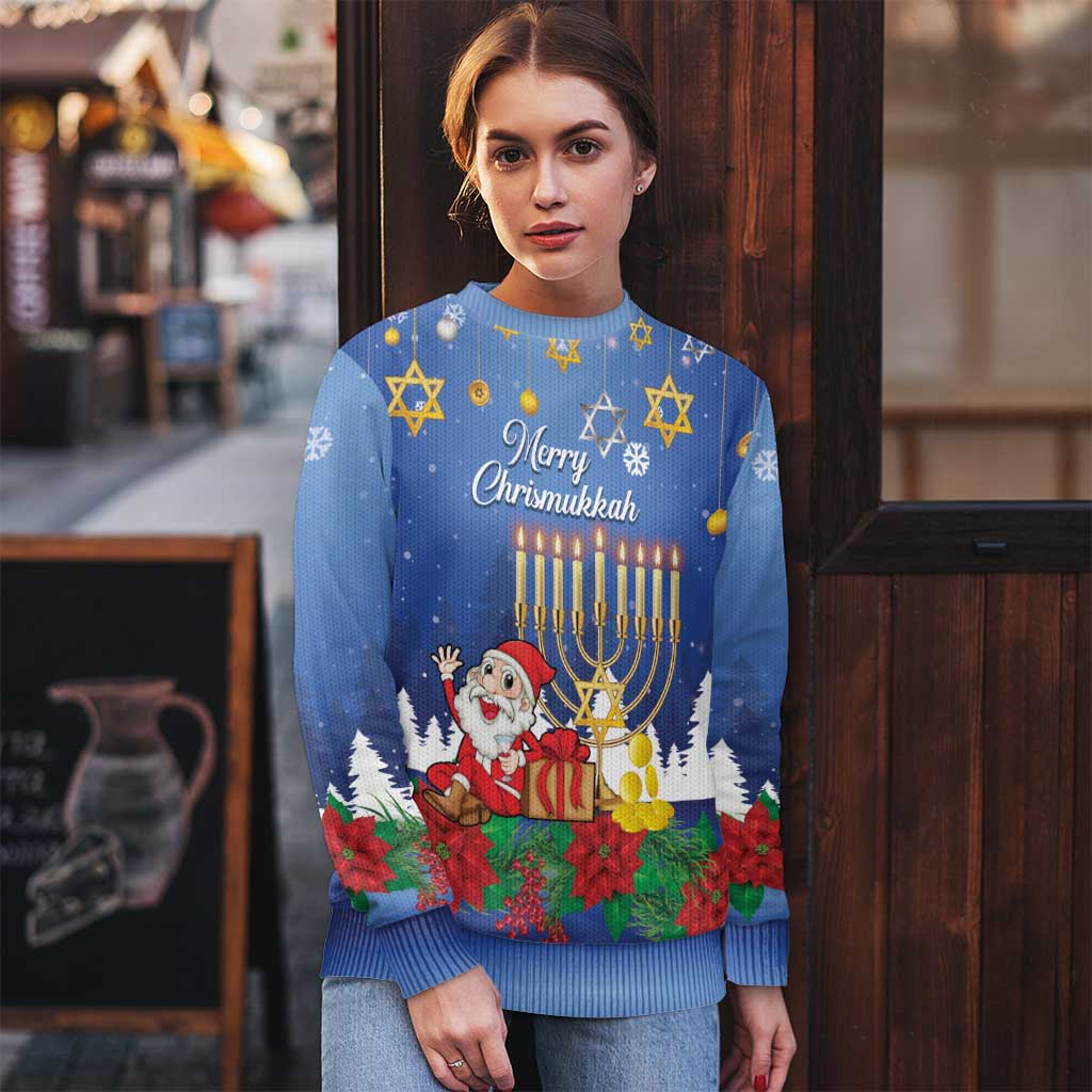 Personalised Merry Chrismukkah Ugly Christmas Sweater Hanukkah Memorah Mix Poinsettia - Wonder Print Shop