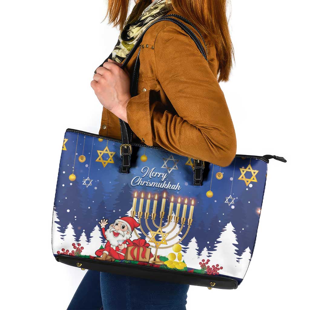 Merry Chrismukkah Leather Tote Bag Hanukkah Memorah Mix Poinsettia - Wonder Print Shop