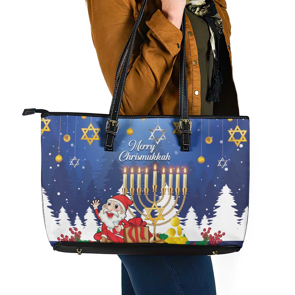 Merry Chrismukkah Leather Tote Bag Hanukkah Memorah Mix Poinsettia - Wonder Print Shop