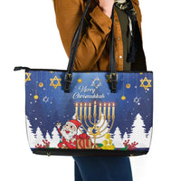 Merry Chrismukkah Leather Tote Bag Hanukkah Memorah Mix Poinsettia - Wonder Print Shop