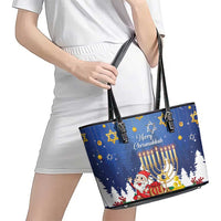 Merry Chrismukkah Leather Tote Bag Hanukkah Memorah Mix Poinsettia - Wonder Print Shop