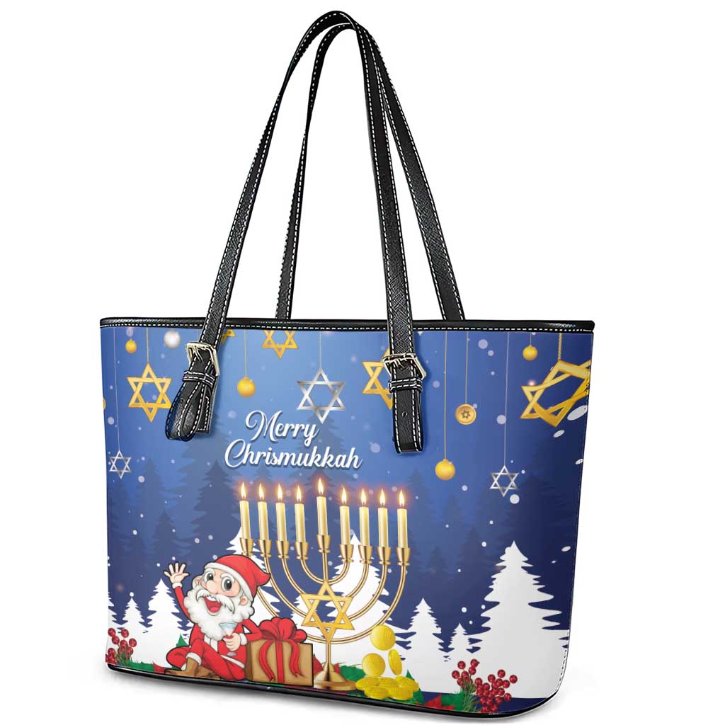 Merry Chrismukkah Leather Tote Bag Hanukkah Memorah Mix Poinsettia - Wonder Print Shop