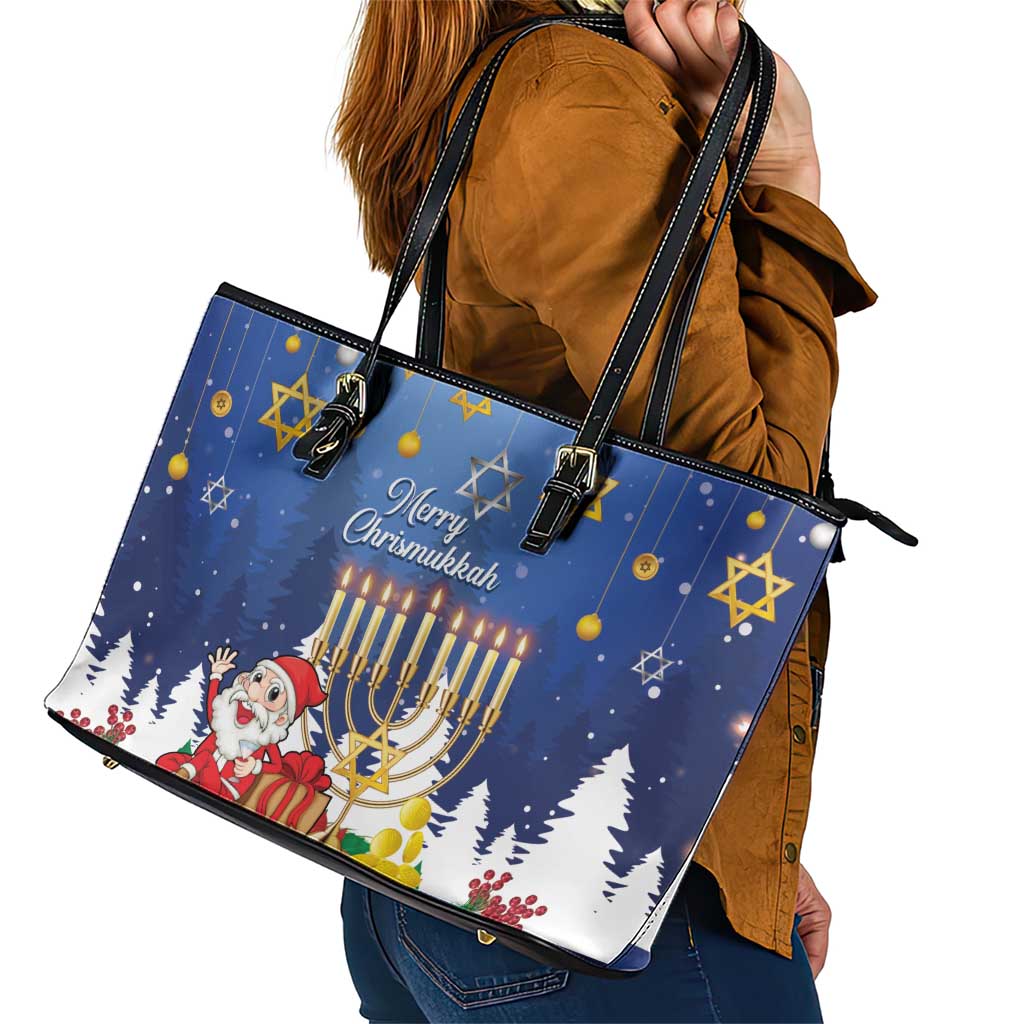 Merry Chrismukkah Leather Tote Bag Hanukkah Memorah Mix Poinsettia - Wonder Print Shop