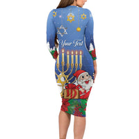 Personalised Merry Chrismukkah Long Sleeve Bodycon Dress Hanukkah Memorah Mix Poinsettia - Wonder Print Shop