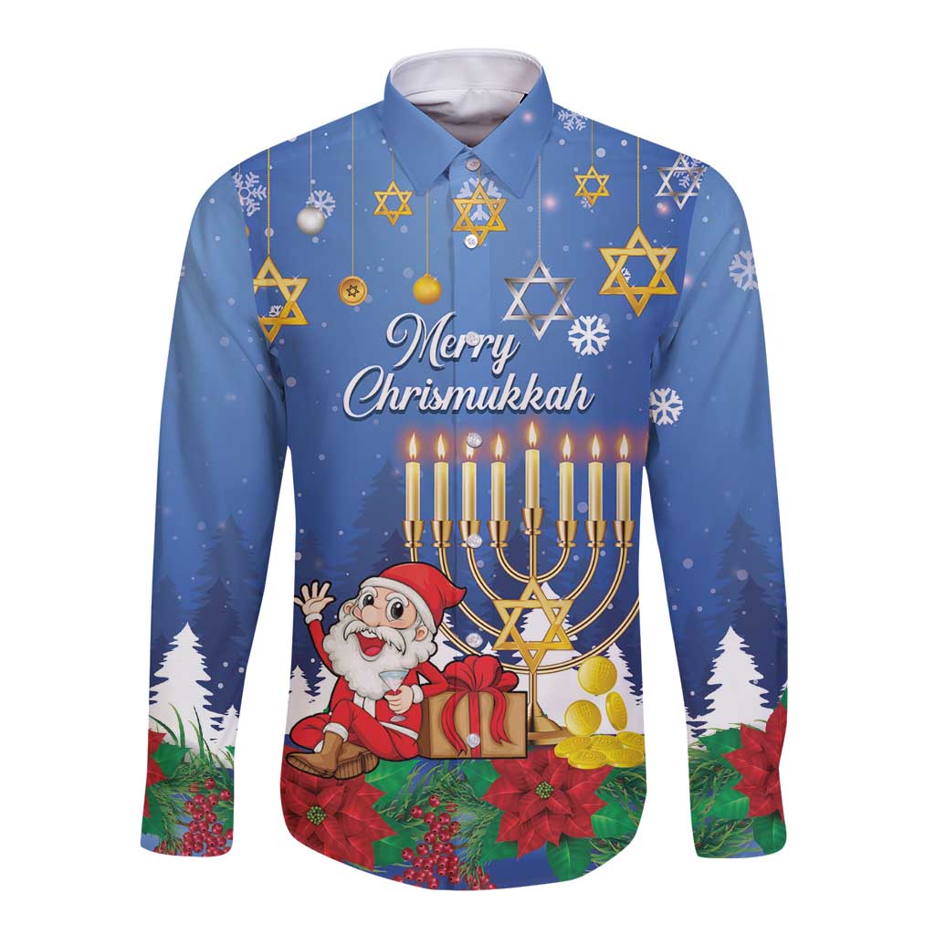 Personalised Merry Chrismukkah Long Sleeve Button Shirt Hanukkah Memorah Mix Poinsettia - Wonder Print Shop