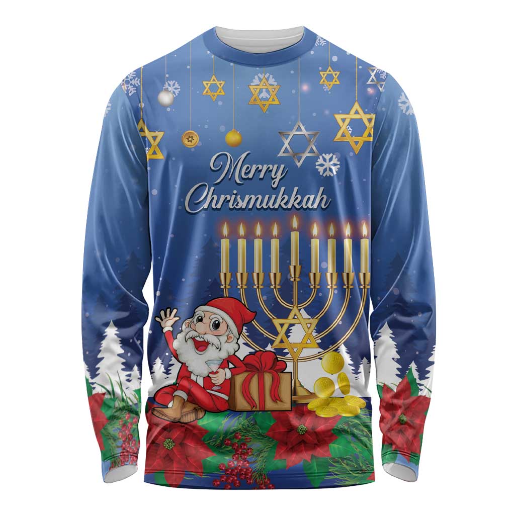 Personalised Merry Chrismukkah Long Sleeve Shirt Hanukkah Memorah Mix Poinsettia - Wonder Print Shop