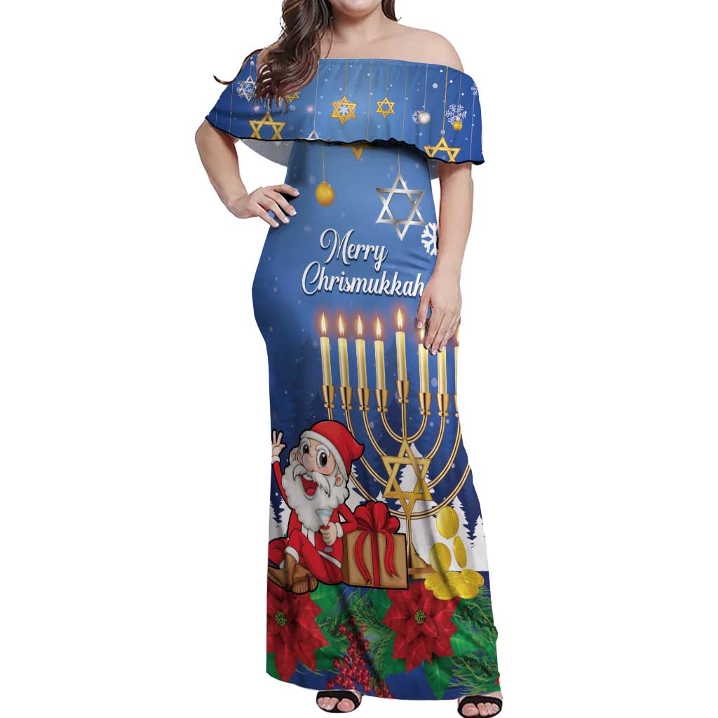 Personalised Merry Chrismukkah Off Shoulder Maxi Dress Hanukkah Memorah Mix Poinsettia - Wonder Print Shop