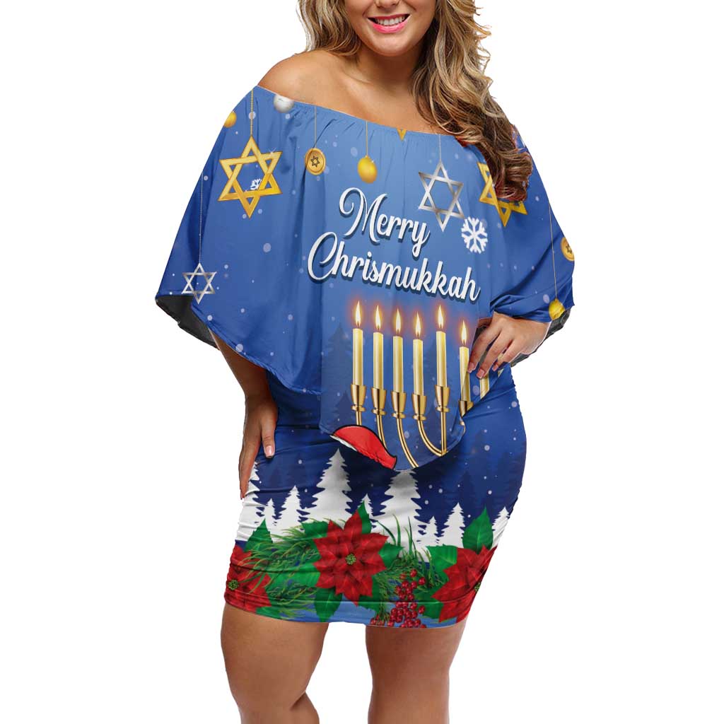 Personalised Merry Chrismukkah Off Shoulder Short Dress Hanukkah Memorah Mix Poinsettia - Wonder Print Shop
