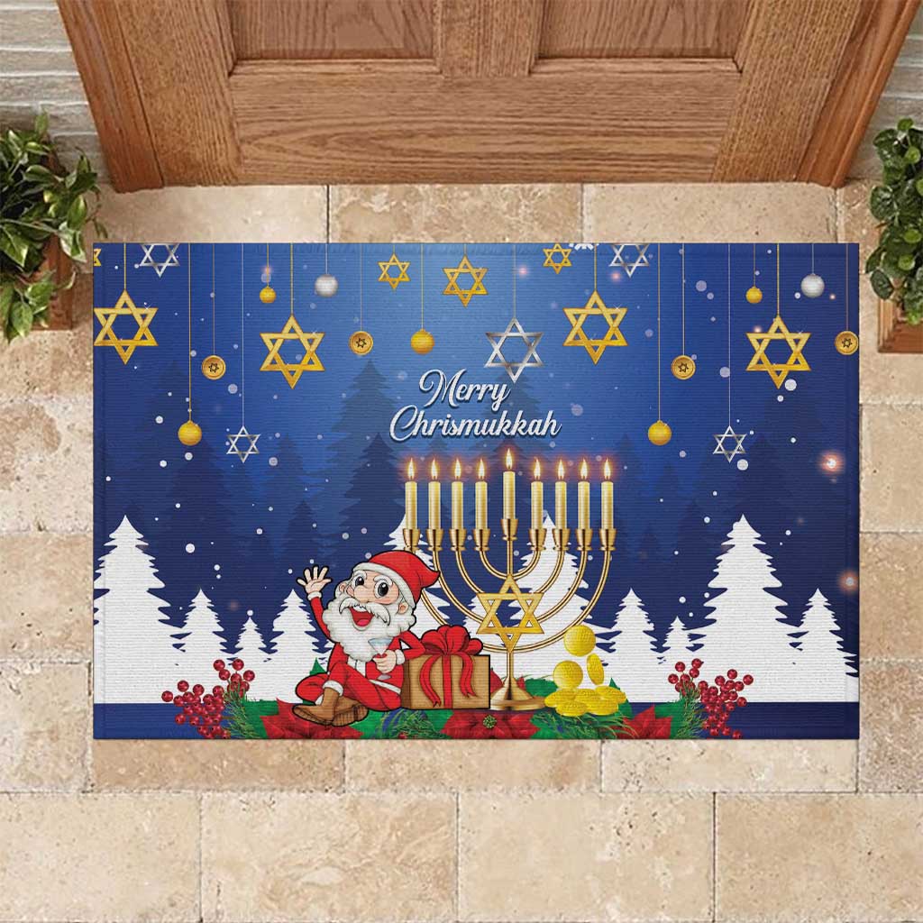 Merry Chrismukkah Rubber Doormat Hanukkah Memorah Mix Poinsettia - Wonder Print Shop