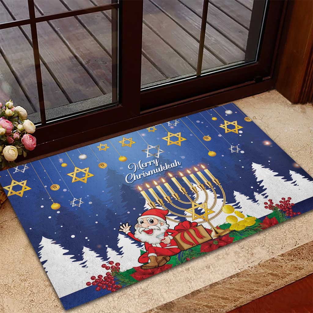 Merry Chrismukkah Rubber Doormat Hanukkah Memorah Mix Poinsettia - Wonder Print Shop