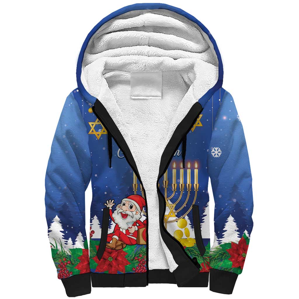 Personalised Merry Chrismukkah Sherpa Hoodie Hanukkah Memorah Mix Poinsettia - Wonder Print Shop