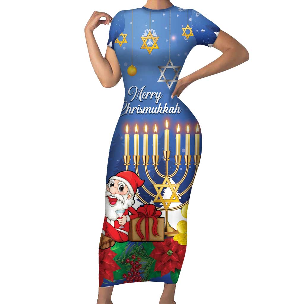 Personalised Merry Chrismukkah Short Sleeve Bodycon Dress Hanukkah Memorah Mix Poinsettia - Wonder Print Shop