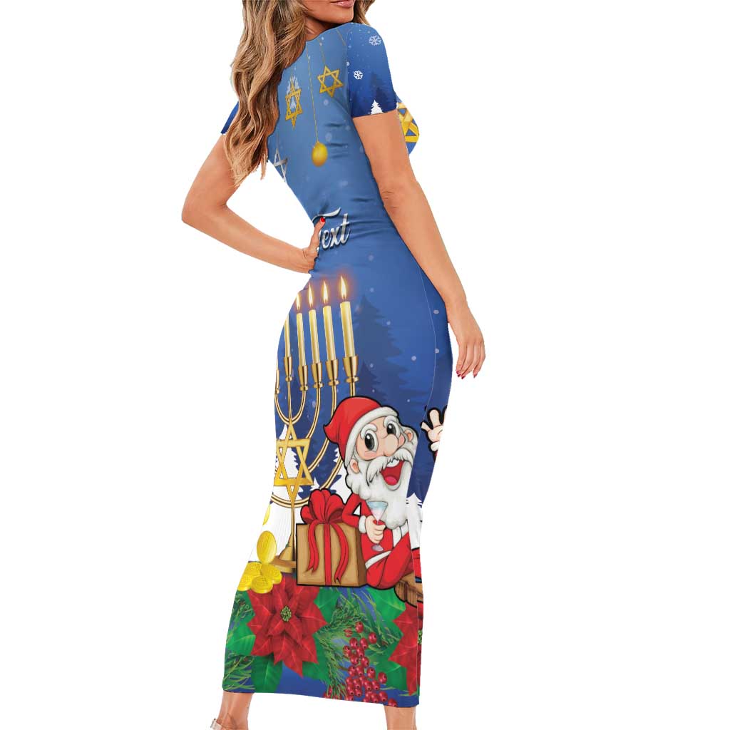 Personalised Merry Chrismukkah Short Sleeve Bodycon Dress Hanukkah Memorah Mix Poinsettia - Wonder Print Shop