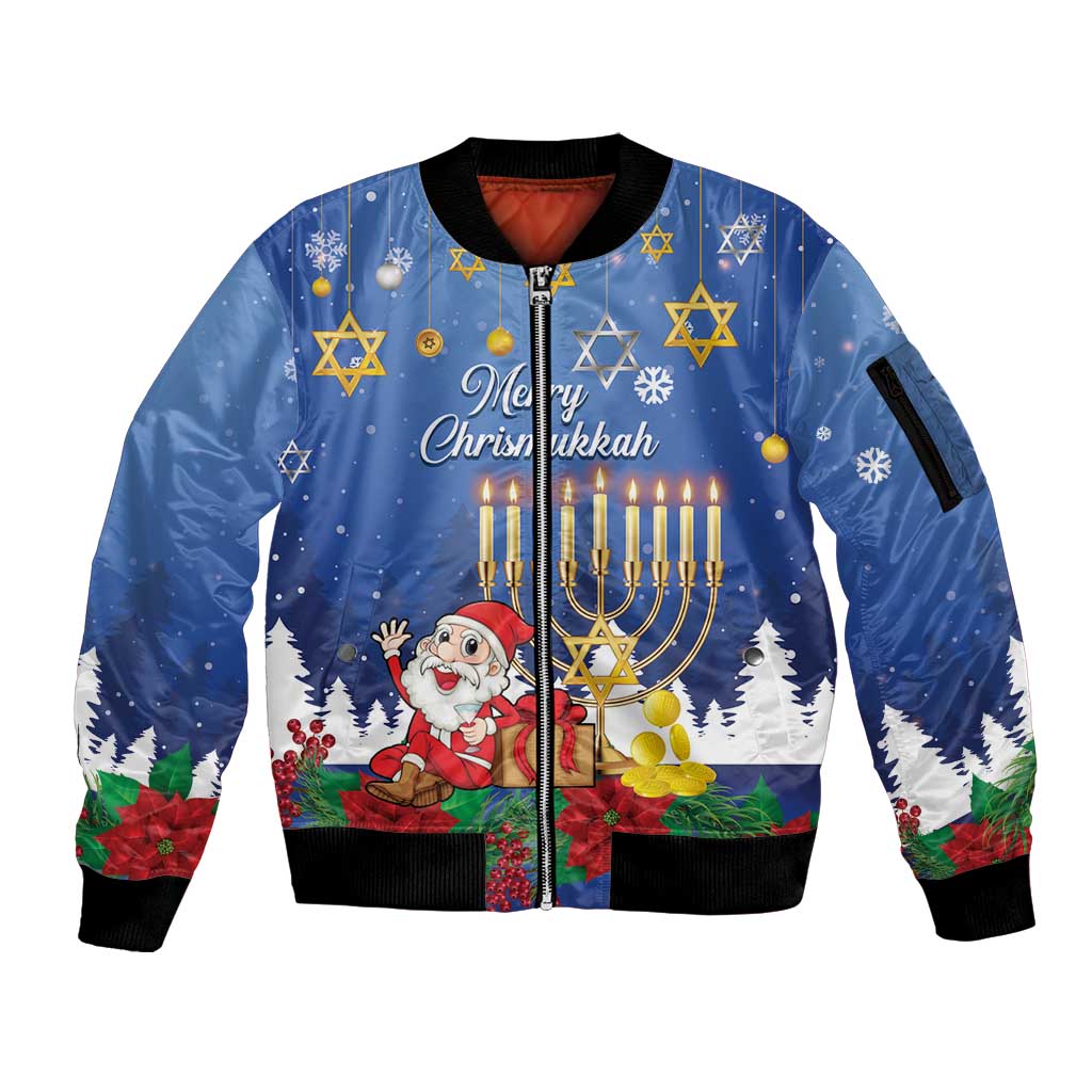 Personalised Merry Chrismukkah Sleeve Zip Bomber Jacket Hanukkah Memorah Mix Poinsettia - Wonder Print Shop