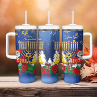 Personalised Merry Chrismukkah Tumbler With Handle Hanukkah Memorah Mix Poinsettia - Wonder Print Shop