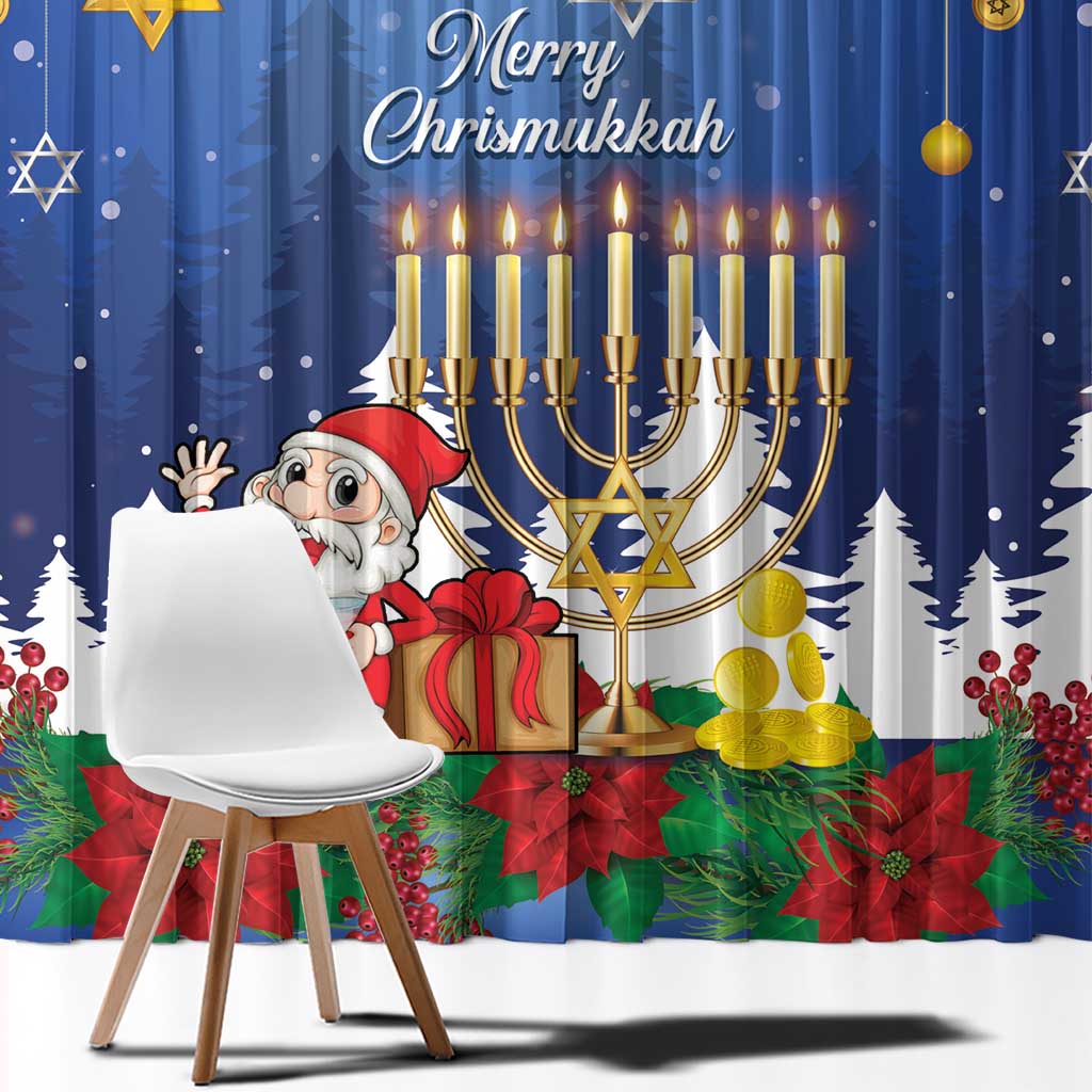 Merry Chrismukkah Window Curtain Hanukkah Memorah Mix Poinsettia - Wonder Print Shop