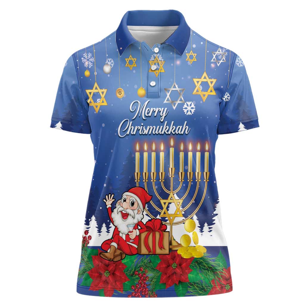 Personalised Merry Chrismukkah Women Polo Shirt Hanukkah Memorah Mix Poinsettia - Wonder Print Shop