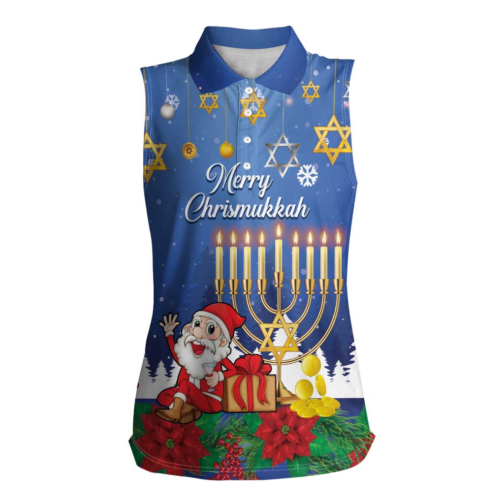Personalised Merry Chrismukkah Women Sleeveless Polo Shirt Hanukkah Memorah Mix Poinsettia - Wonder Print Shop