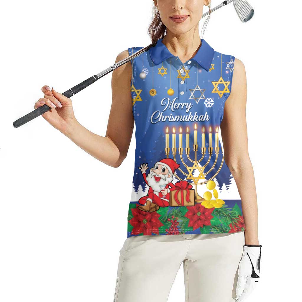 Personalised Merry Chrismukkah Women Sleeveless Polo Shirt Hanukkah Memorah Mix Poinsettia - Wonder Print Shop