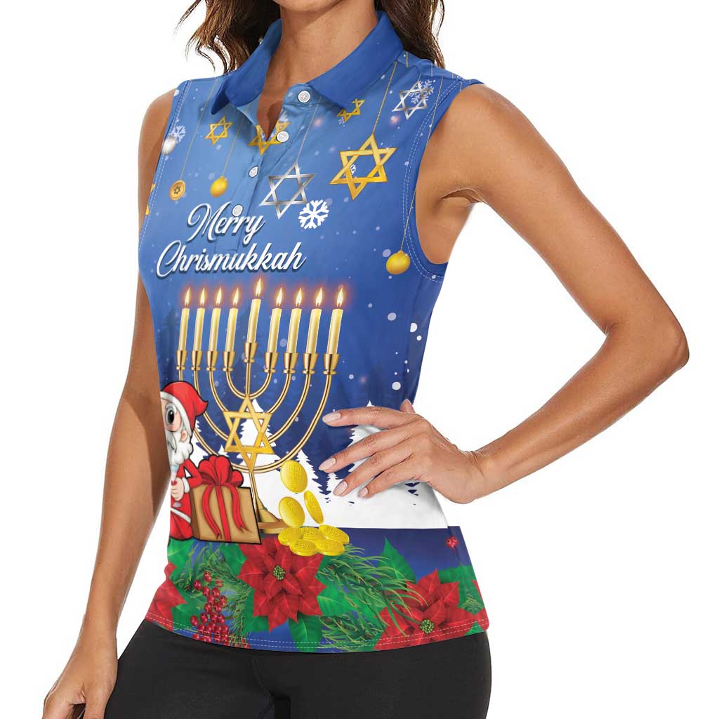 Personalised Merry Chrismukkah Women Sleeveless Polo Shirt Hanukkah Memorah Mix Poinsettia - Wonder Print Shop