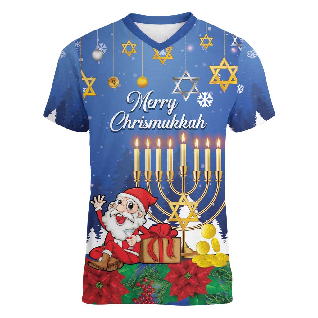 Personalised Merry Chrismukkah Women V-Neck T-Shirt Hanukkah Memorah Mix Poinsettia - Wonder Print Shop