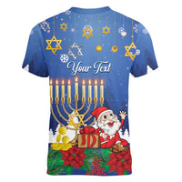 Personalised Merry Chrismukkah Women V-Neck T-Shirt Hanukkah Memorah Mix Poinsettia - Wonder Print Shop