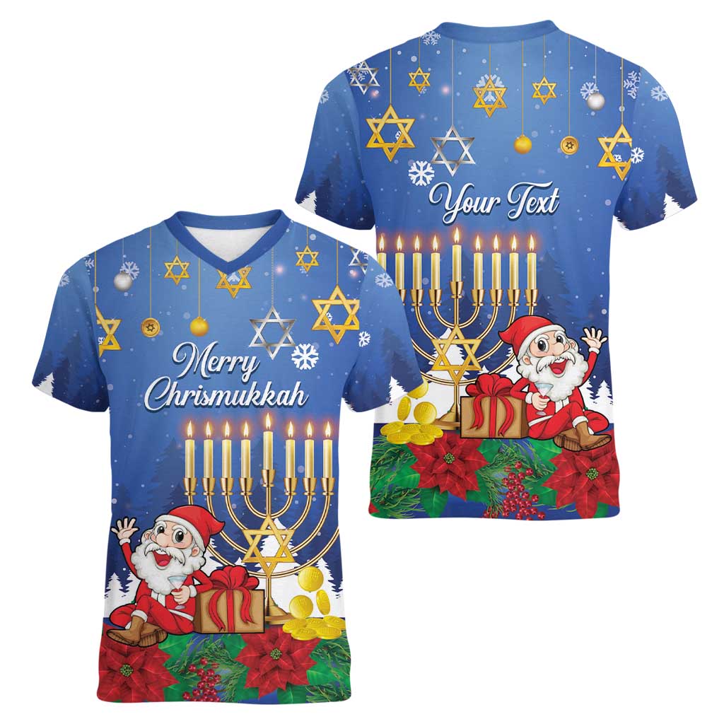 Personalised Merry Chrismukkah Women V-Neck T-Shirt Hanukkah Memorah Mix Poinsettia - Wonder Print Shop