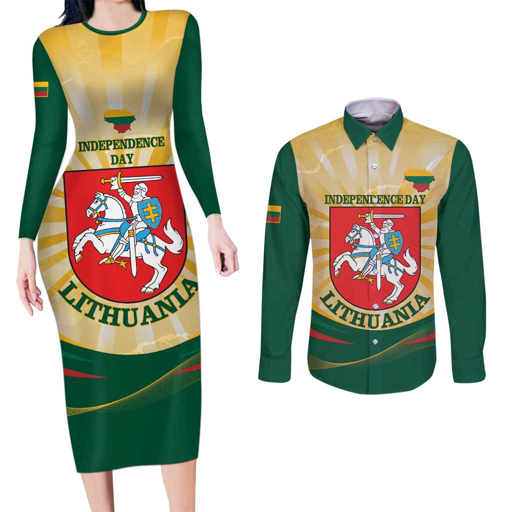 Personalised Lithuania Independence Day Couples Matching Long Sleeve Bodycon Dress and Long Sleeve Button Shirt Coat Of Arms Proud - Wonder Print Shop