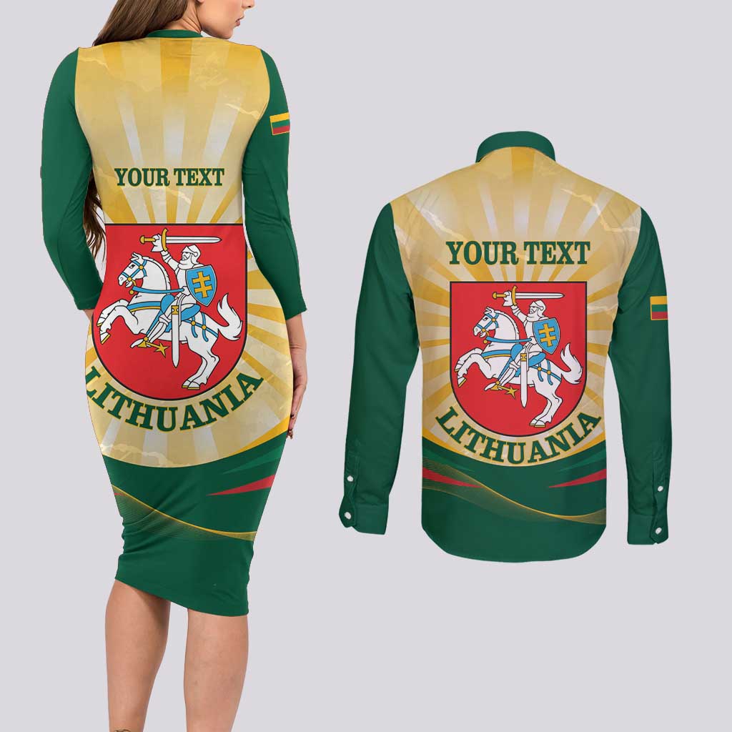 Personalised Lithuania Independence Day Couples Matching Long Sleeve Bodycon Dress and Long Sleeve Button Shirt Coat Of Arms Proud - Wonder Print Shop