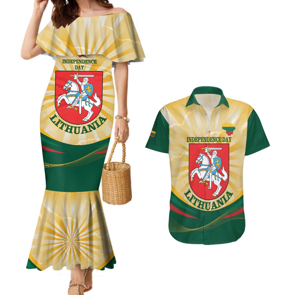 Personalised Lithuania Independence Day Couples Matching Mermaid Dress and Hawaiian Shirt Coat Of Arms Proud - Wonder Print Shop