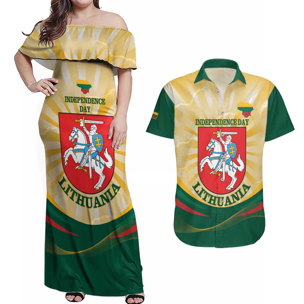 Personalised Lithuania Independence Day Couples Matching Off Shoulder Maxi Dress and Hawaiian Shirt Coat Of Arms Proud - Wonder Print Shop