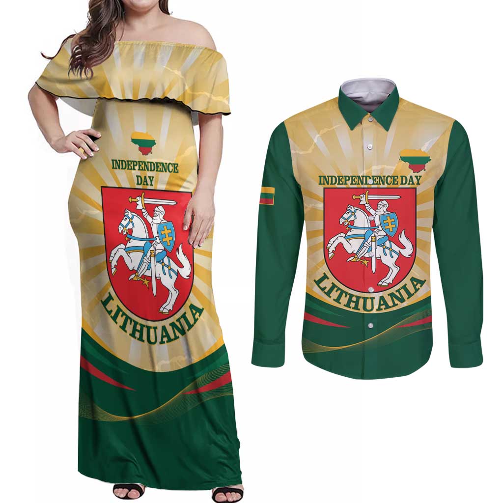 Personalised Lithuania Independence Day Couples Matching Off Shoulder Maxi Dress and Long Sleeve Button Shirt Coat Of Arms Proud - Wonder Print Shop