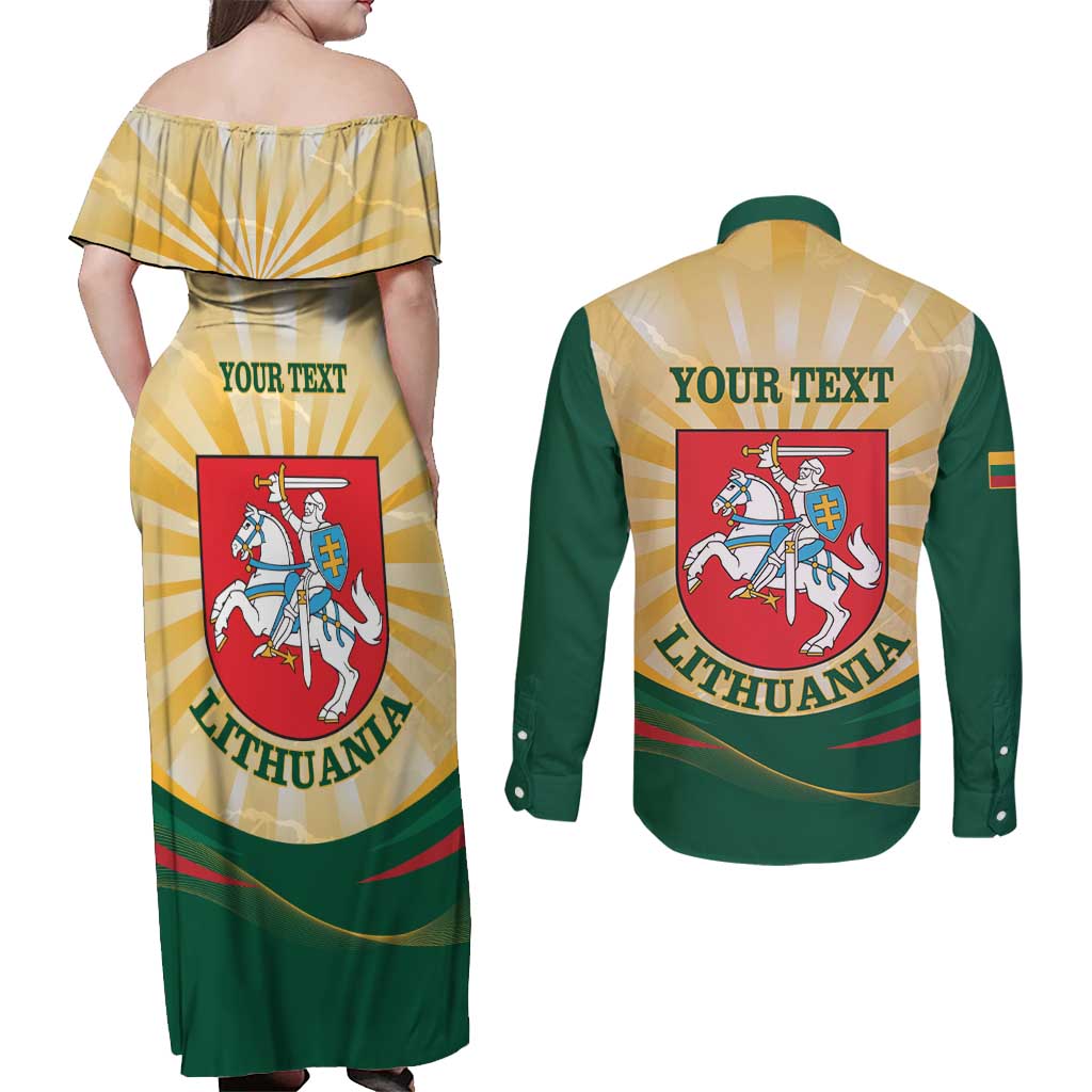 Personalised Lithuania Independence Day Couples Matching Off Shoulder Maxi Dress and Long Sleeve Button Shirt Coat Of Arms Proud - Wonder Print Shop