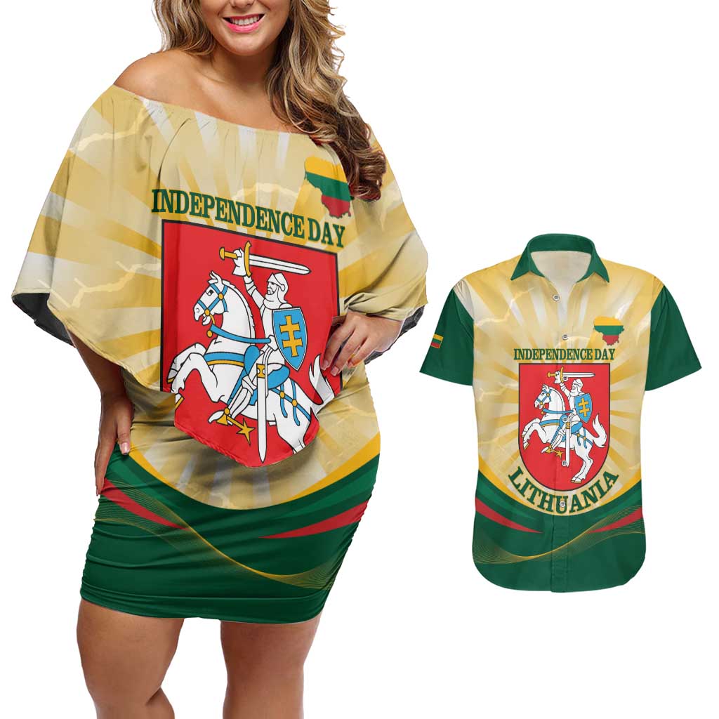 Personalised Lithuania Independence Day Couples Matching Off Shoulder Short Dress and Hawaiian Shirt Coat Of Arms Proud - Wonder Print Shop