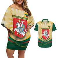 Personalised Lithuania Independence Day Couples Matching Off Shoulder Short Dress and Hawaiian Shirt Coat Of Arms Proud - Wonder Print Shop
