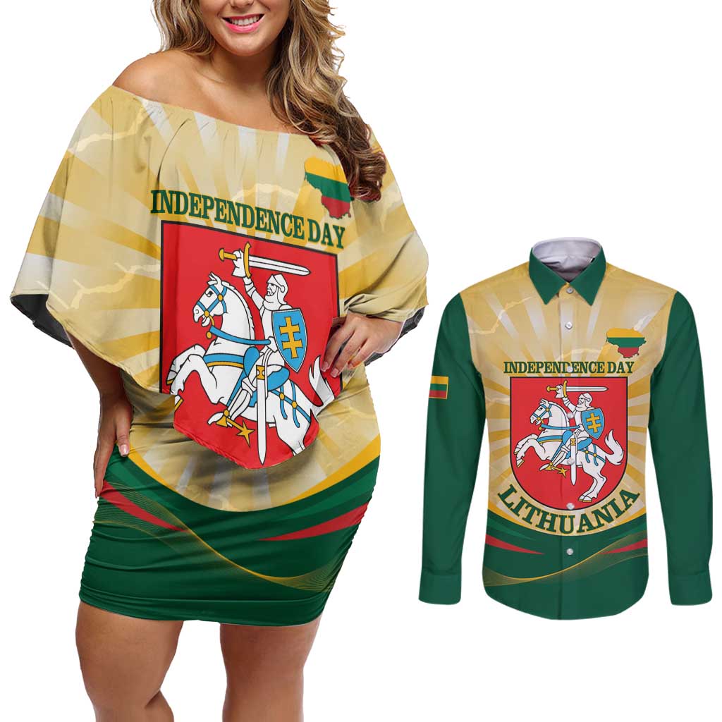 Personalised Lithuania Independence Day Couples Matching Off Shoulder Short Dress and Long Sleeve Button Shirt Coat Of Arms Proud - Wonder Print Shop