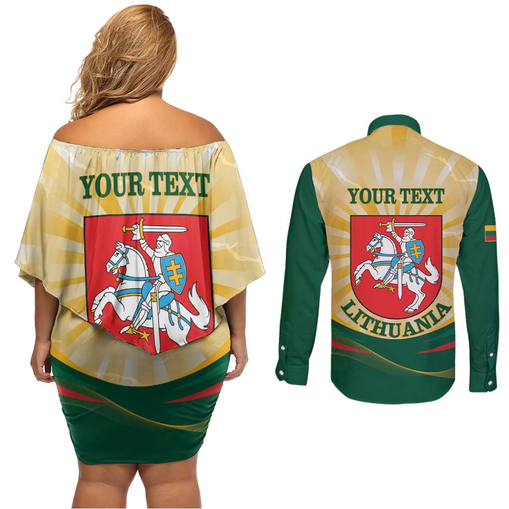 Personalised Lithuania Independence Day Couples Matching Off Shoulder Short Dress and Long Sleeve Button Shirt Coat Of Arms Proud - Wonder Print Shop