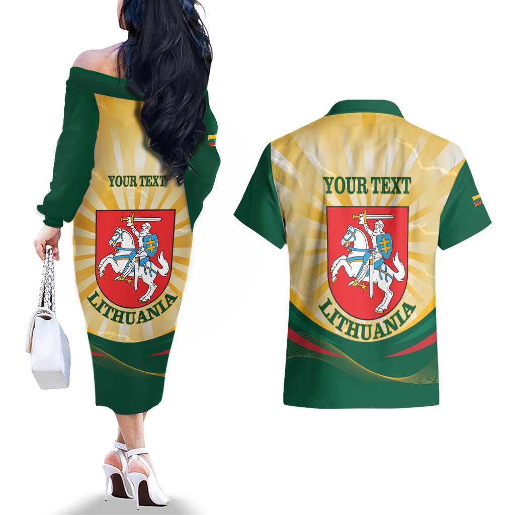 Personalised Lithuania Independence Day Couples Matching Off The Shoulder Long Sleeve Dress and Hawaiian Shirt Coat Of Arms Proud - Wonder Print Shop