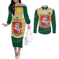 Personalised Lithuania Independence Day Couples Matching Off The Shoulder Long Sleeve Dress and Long Sleeve Button Shirt Coat Of Arms Proud