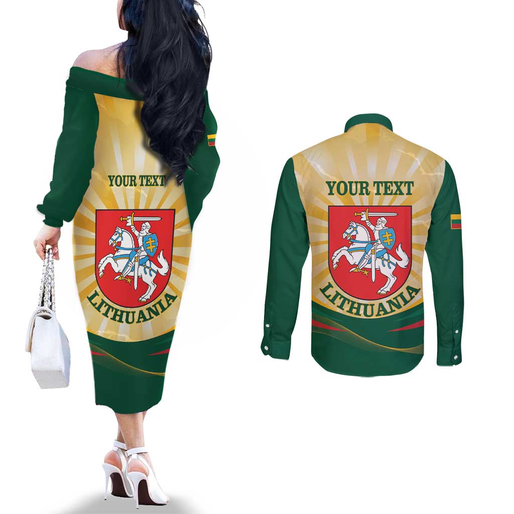 Personalised Lithuania Independence Day Couples Matching Off The Shoulder Long Sleeve Dress and Long Sleeve Button Shirt Coat Of Arms Proud
