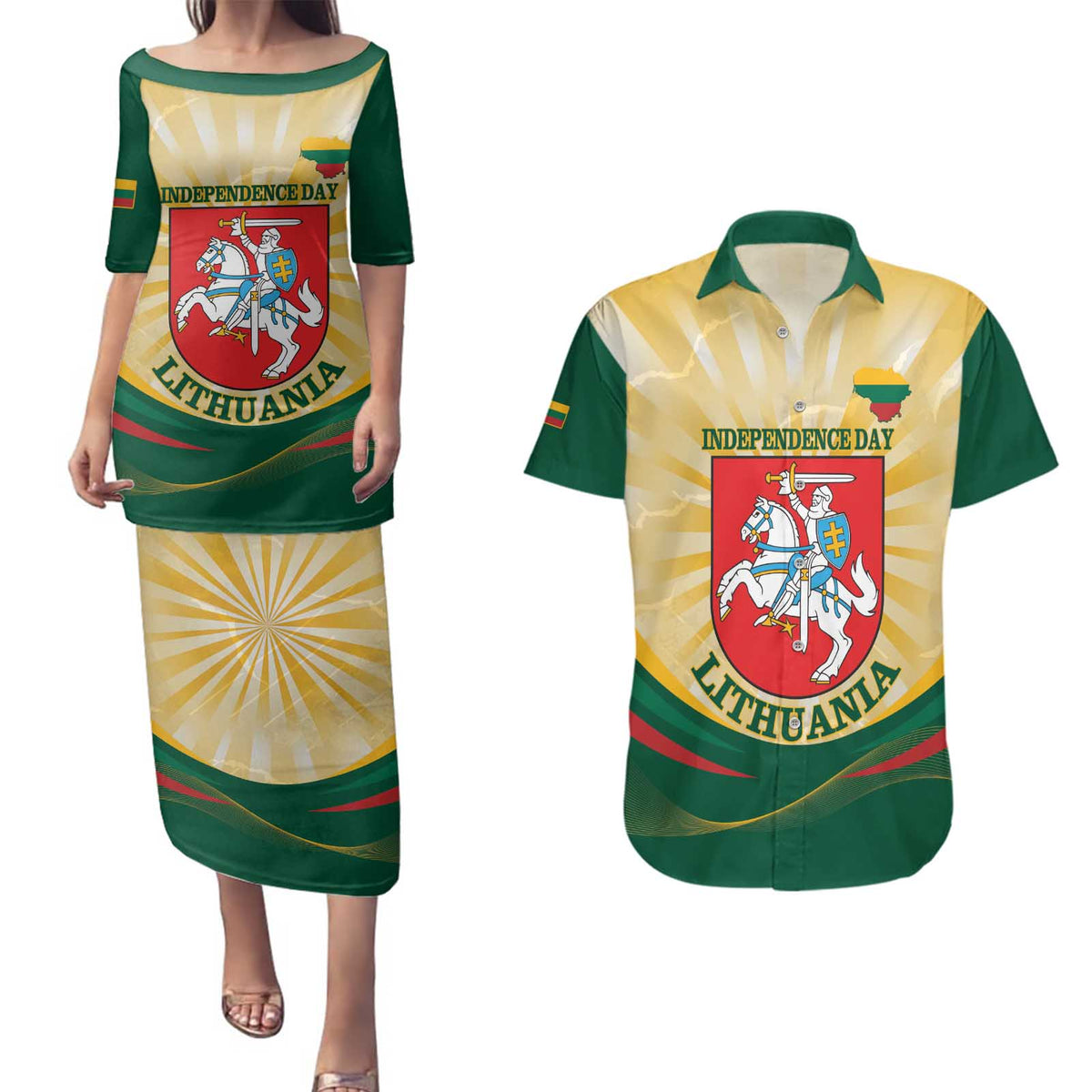 Personalised Lithuania Independence Day Couples Matching Puletasi and Hawaiian Shirt Coat Of Arms Proud - Wonder Print Shop