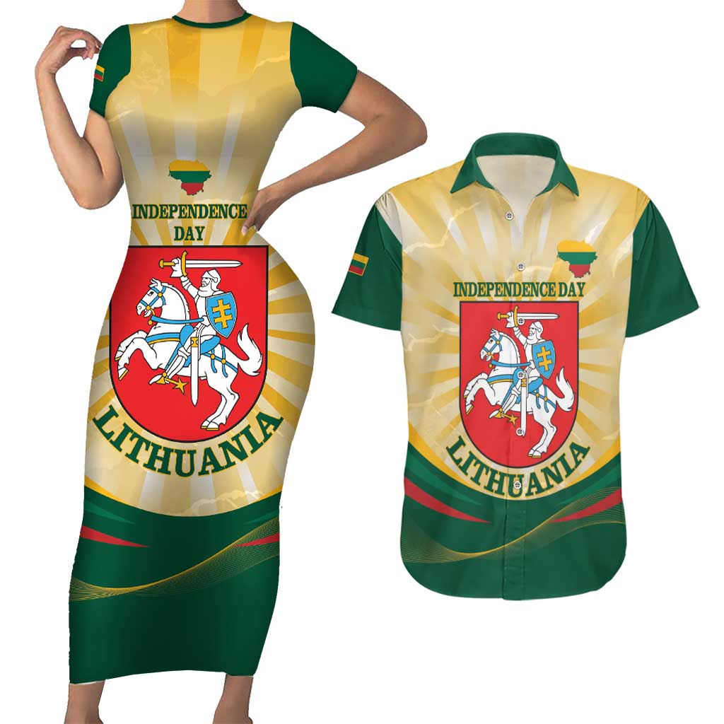 Personalised Lithuania Independence Day Couples Matching Short Sleeve Bodycon Dress and Hawaiian Shirt Coat Of Arms Proud - Wonder Print Shop