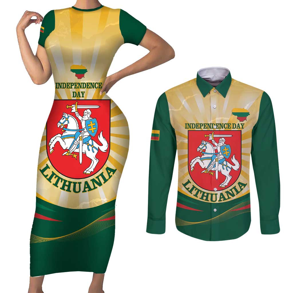 Personalised Lithuania Independence Day Couples Matching Short Sleeve Bodycon Dress and Long Sleeve Button Shirt Coat Of Arms Proud - Wonder Print Shop