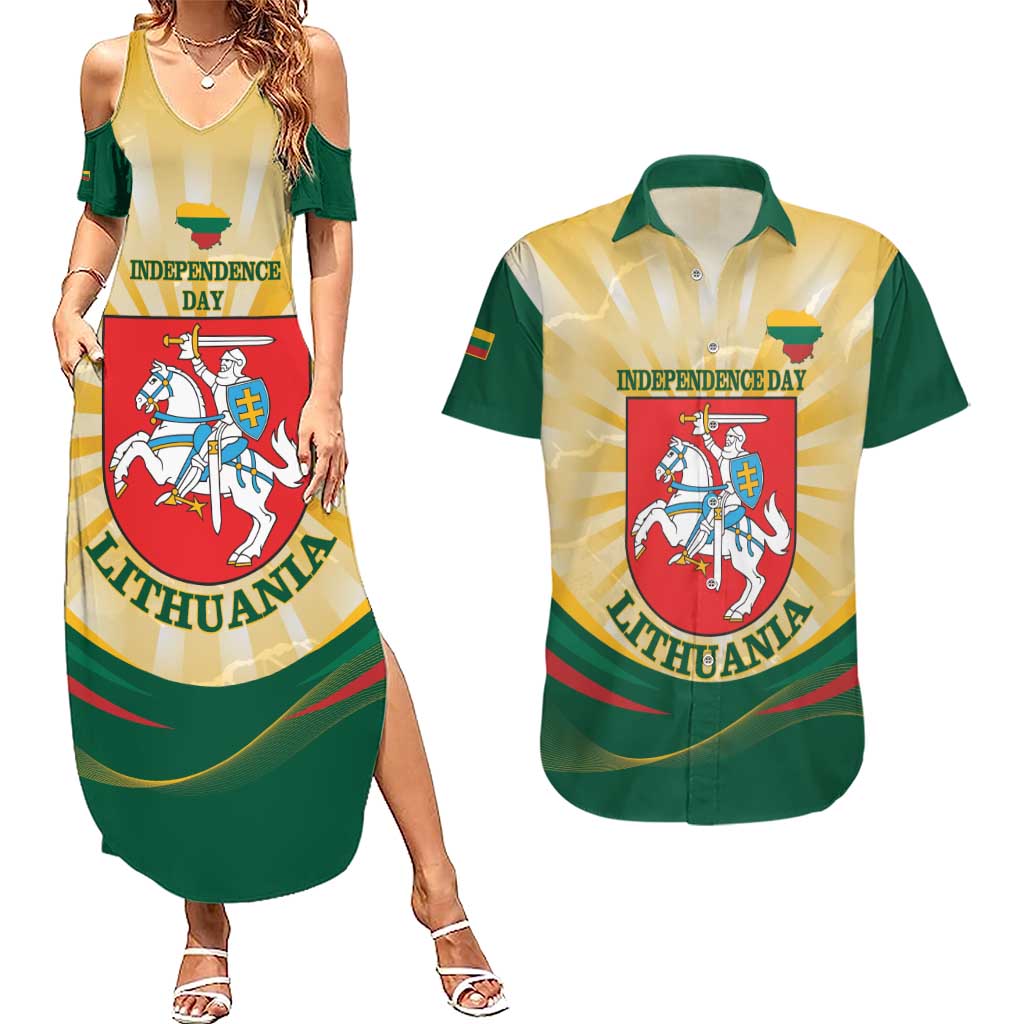 Personalised Lithuania Independence Day Couples Matching Summer Maxi Dress and Hawaiian Shirt Coat Of Arms Proud - Wonder Print Shop