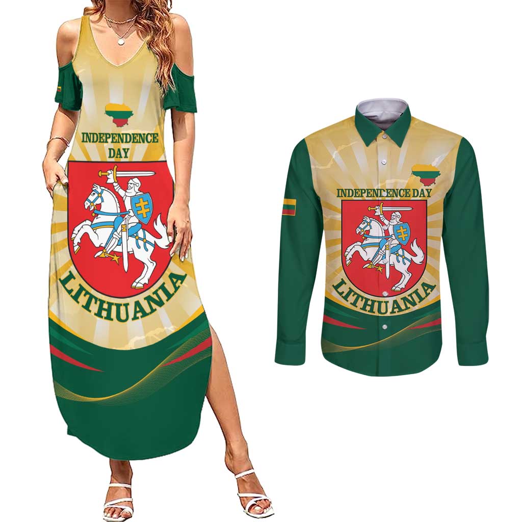 Personalised Lithuania Independence Day Couples Matching Summer Maxi Dress and Long Sleeve Button Shirt Coat Of Arms Proud - Wonder Print Shop