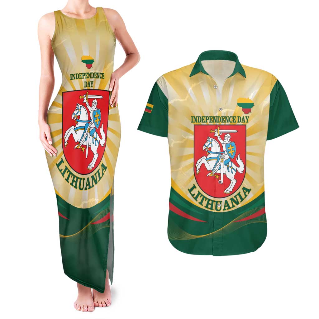 Personalised Lithuania Independence Day Couples Matching Tank Maxi Dress and Hawaiian Shirt Coat Of Arms Proud - Wonder Print Shop