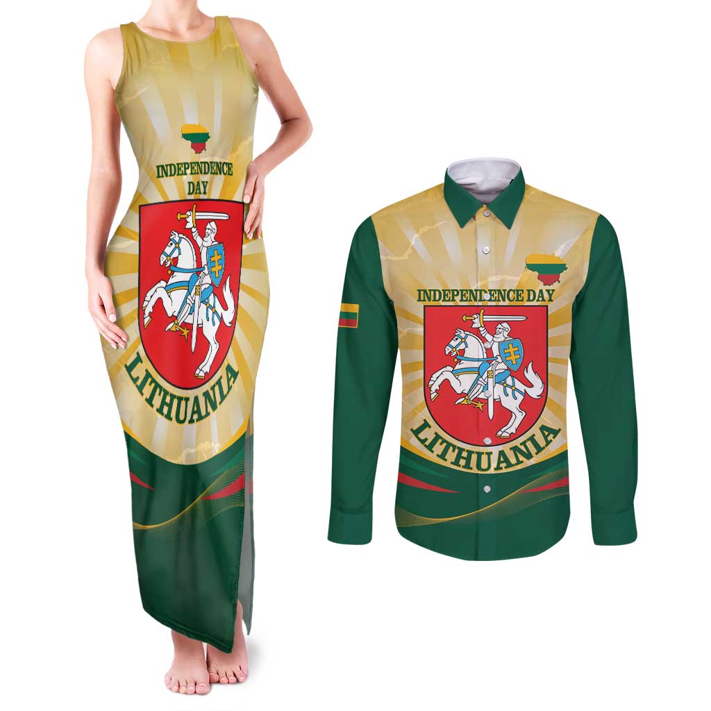 Personalised Lithuania Independence Day Couples Matching Tank Maxi Dress and Long Sleeve Button Shirt Coat Of Arms Proud - Wonder Print Shop