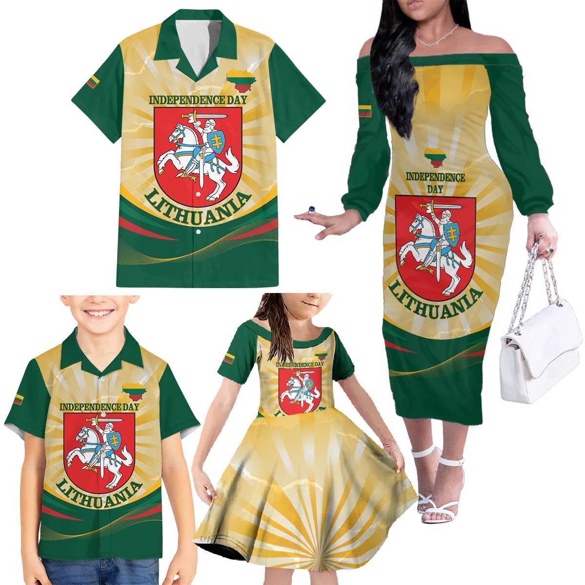 Personalised Lithuania Independence Day Family Matching Off The Shoulder Long Sleeve Dress and Hawaiian Shirt Coat Of Arms Proud - Wonder Print Shop