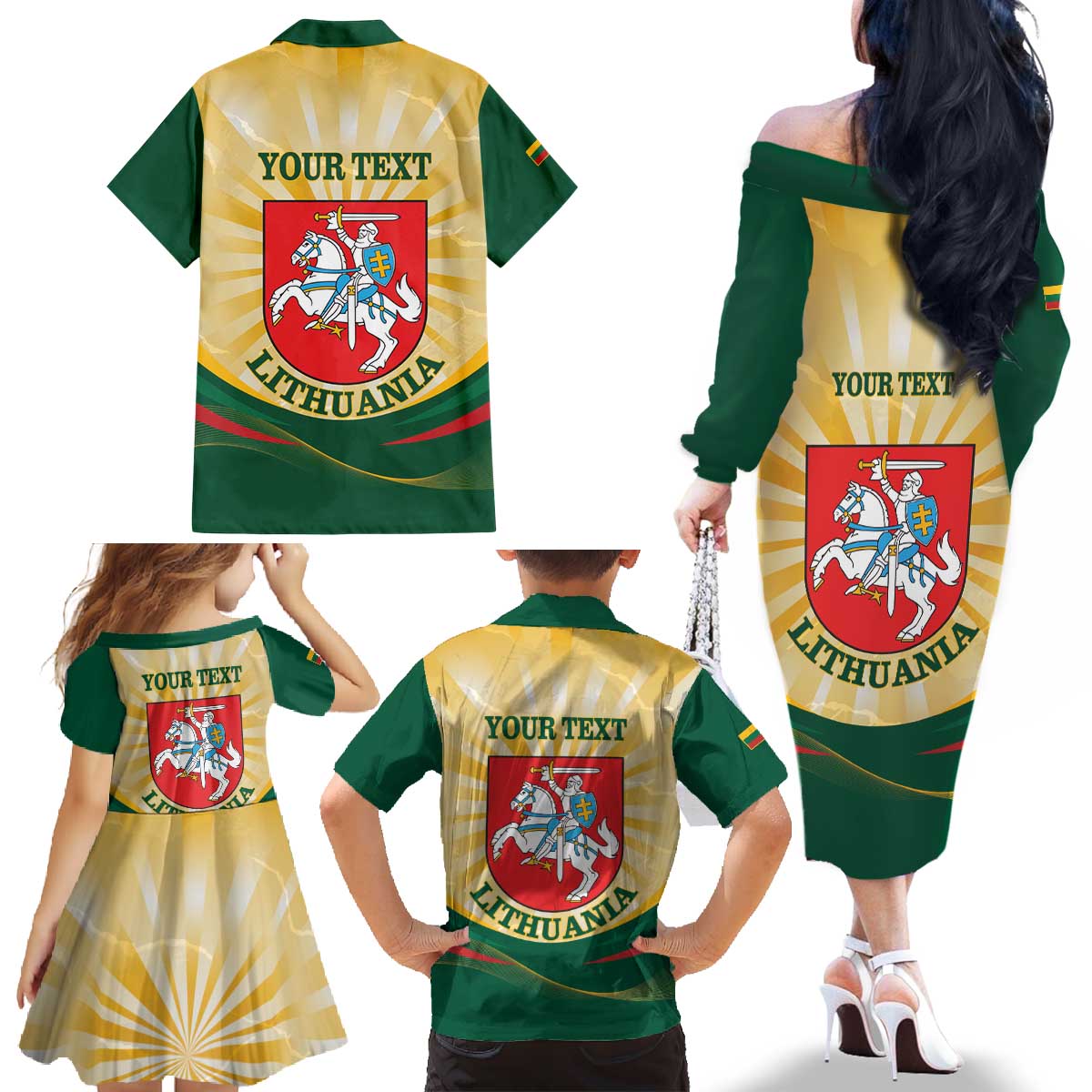 Personalised Lithuania Independence Day Family Matching Off The Shoulder Long Sleeve Dress and Hawaiian Shirt Coat Of Arms Proud - Wonder Print Shop